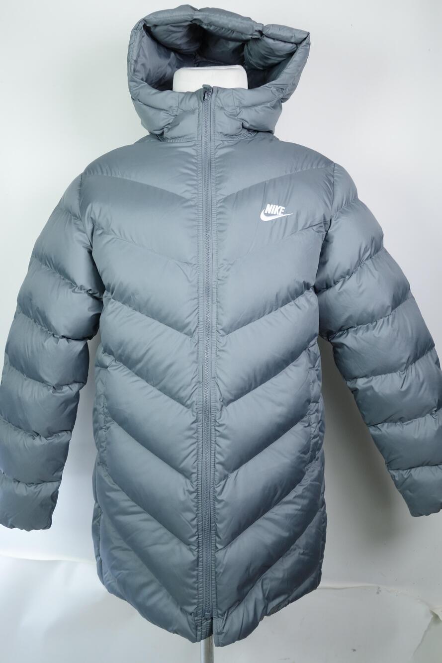 Nike Therma-FIT Puffer Jacket Kids XL Gray Hooded Long Coat HJ2722-084